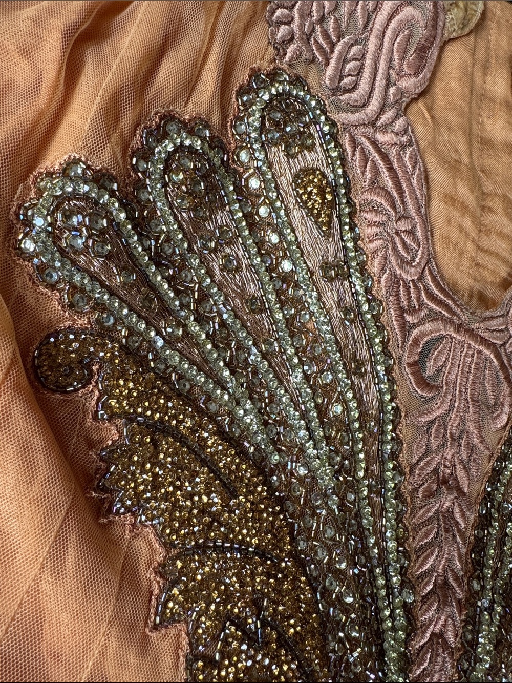 anarkali gown peach mesh halter neck design beading and Dupatta (shawl) small - Picture 13 of 14